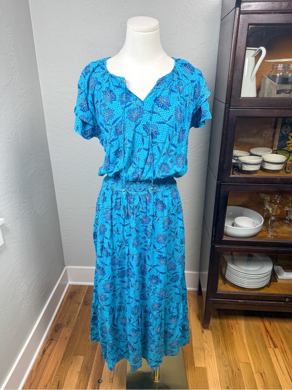 Destination 365 Caribbean Blue Floral Smocked Waist Tie Front Midi Dress Size S